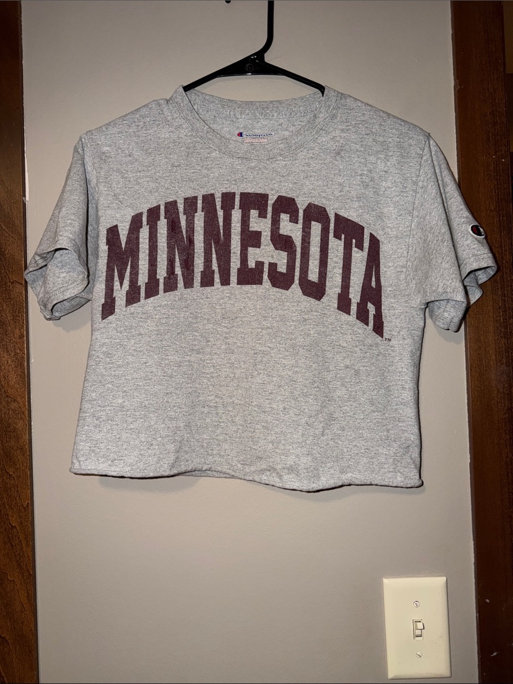 Champion Women's Minnesota Grey Crop Tee with Maroon Print